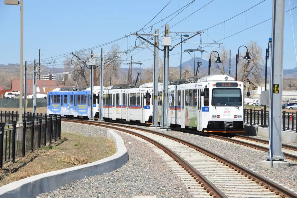 RTD train pulling into a station in Denver, Colorado